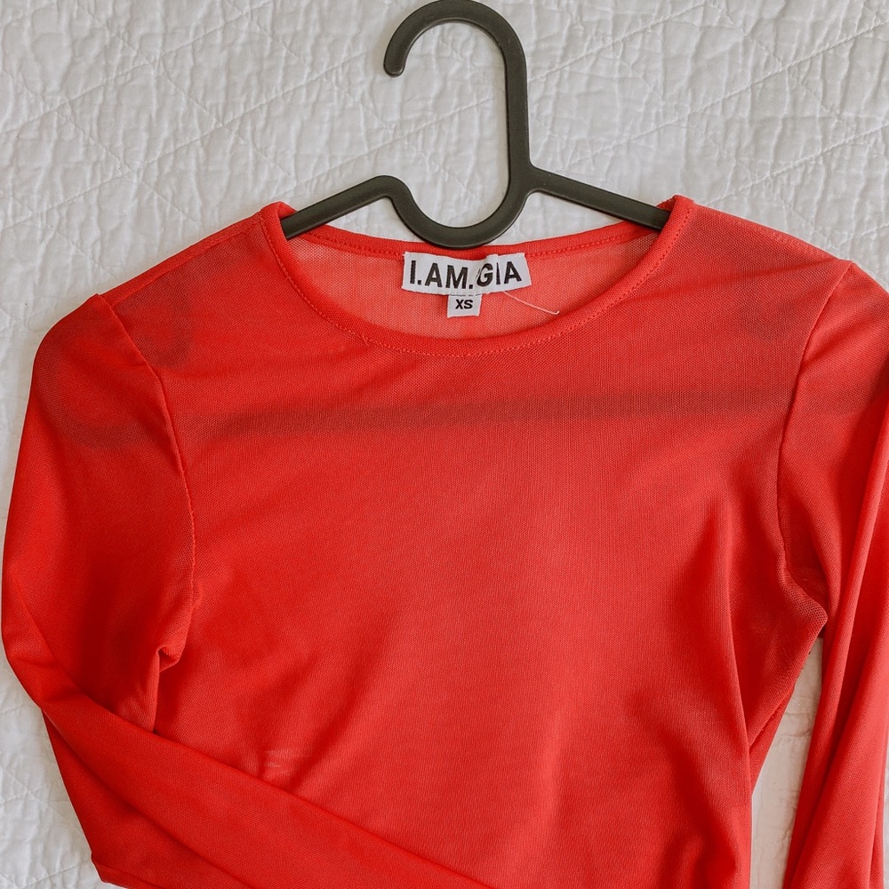 I.AM.GIA RED LONG SLEEVE MESH TOP